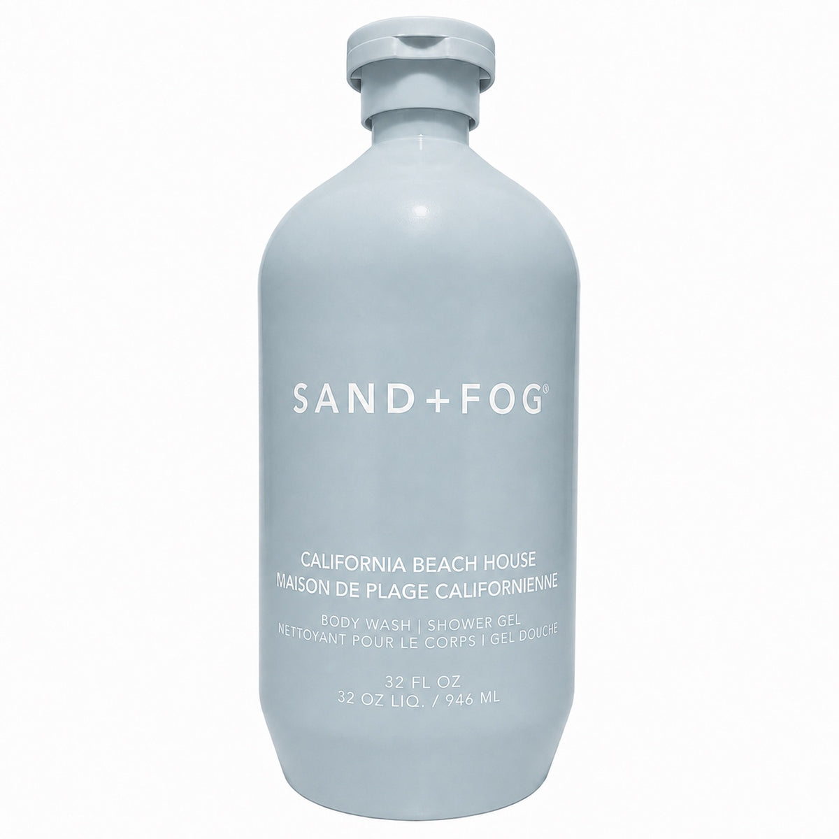 Sand + Fog California Beach House shower gel in a pale blue bottle