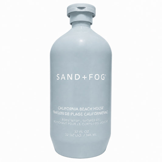 Sand + Fog California Beach House shower gel in a pale blue bottle
