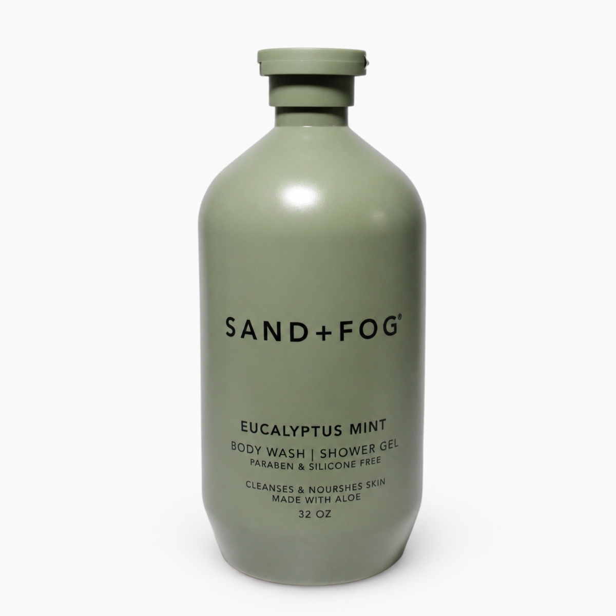 Sand + Fog Eucalyptus Mint body wash bottle on an off-white background